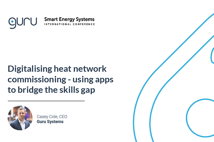 Cover of a presentation with a small picture of Casey Cole, CEO of Guru Systems in the bottom left. Title of the webinar is Digitalising heat network commissioning - using apps to bridge the skills gap